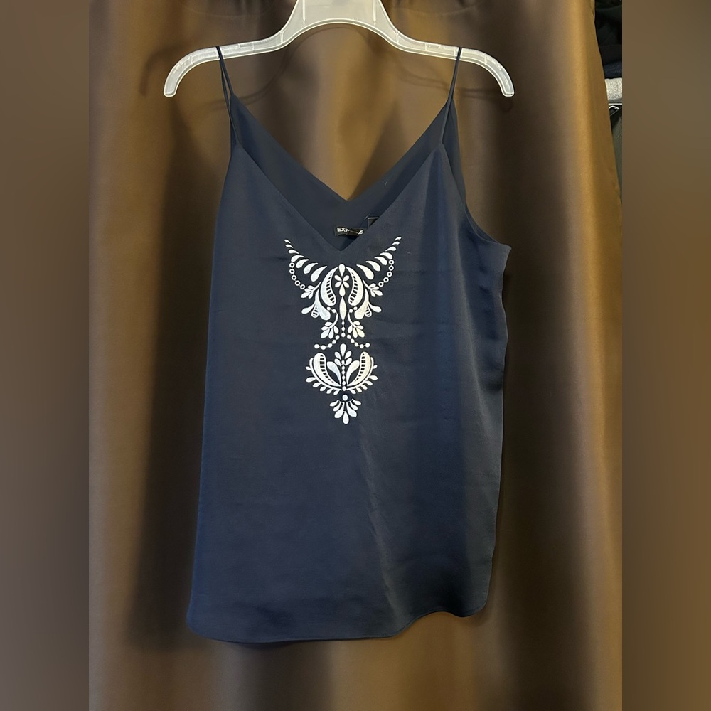 Express navy with white embroidered design size dressy tank